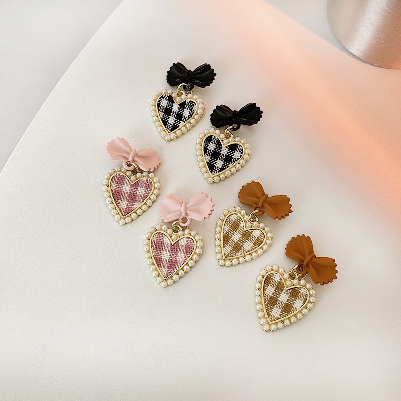 Lattice Love Bowknot Earrings Fashion Pearl Earrings Temperament Peach Heart Earrings Japanese and Korean Jewelry