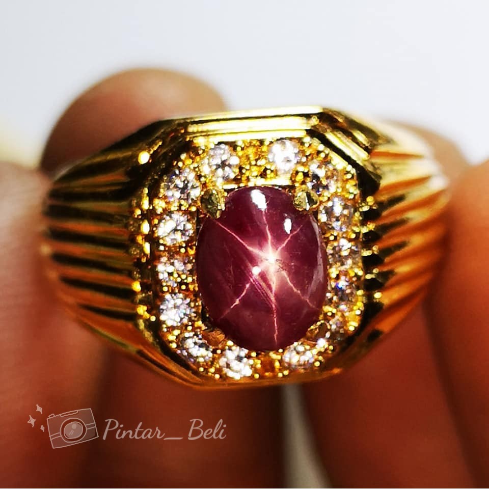Cincin Batu Permata Pria Natural Red Ruby Star Corundum Srilanka Star Mayung Tajam 6 Rays Star