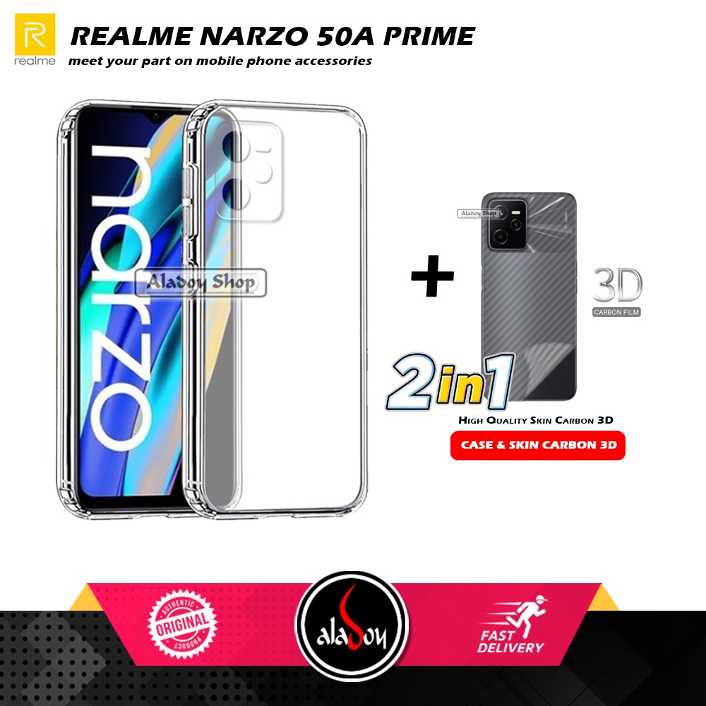 Casing Realme Narzo 50A Prime 2022 New Case Ultrathin Premium  Softcase Clear HD + Skin Carbon 3D Film