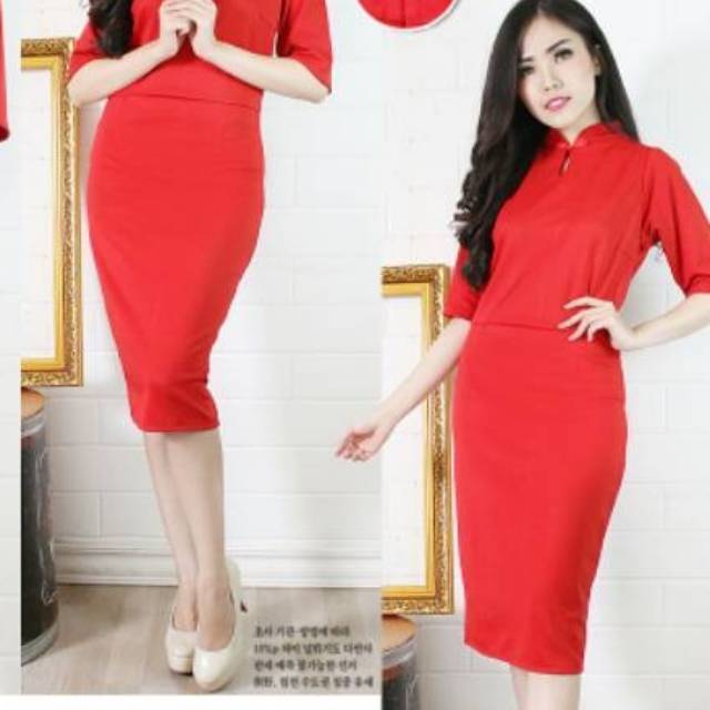 Cheongsam Cny Dress Merah Imlek Kerah Shanghai Gaun Sangjit Shopee Indonesia