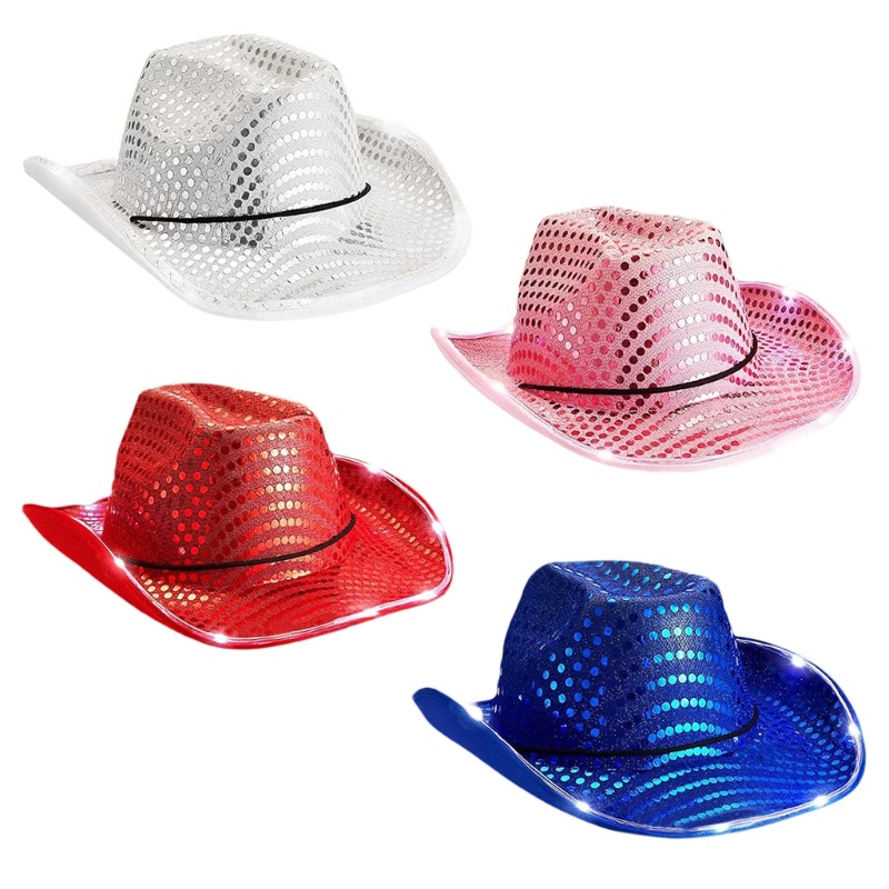 Topi Cowboy Hias Sequin Dengan Lampu LED Gaya Vintage