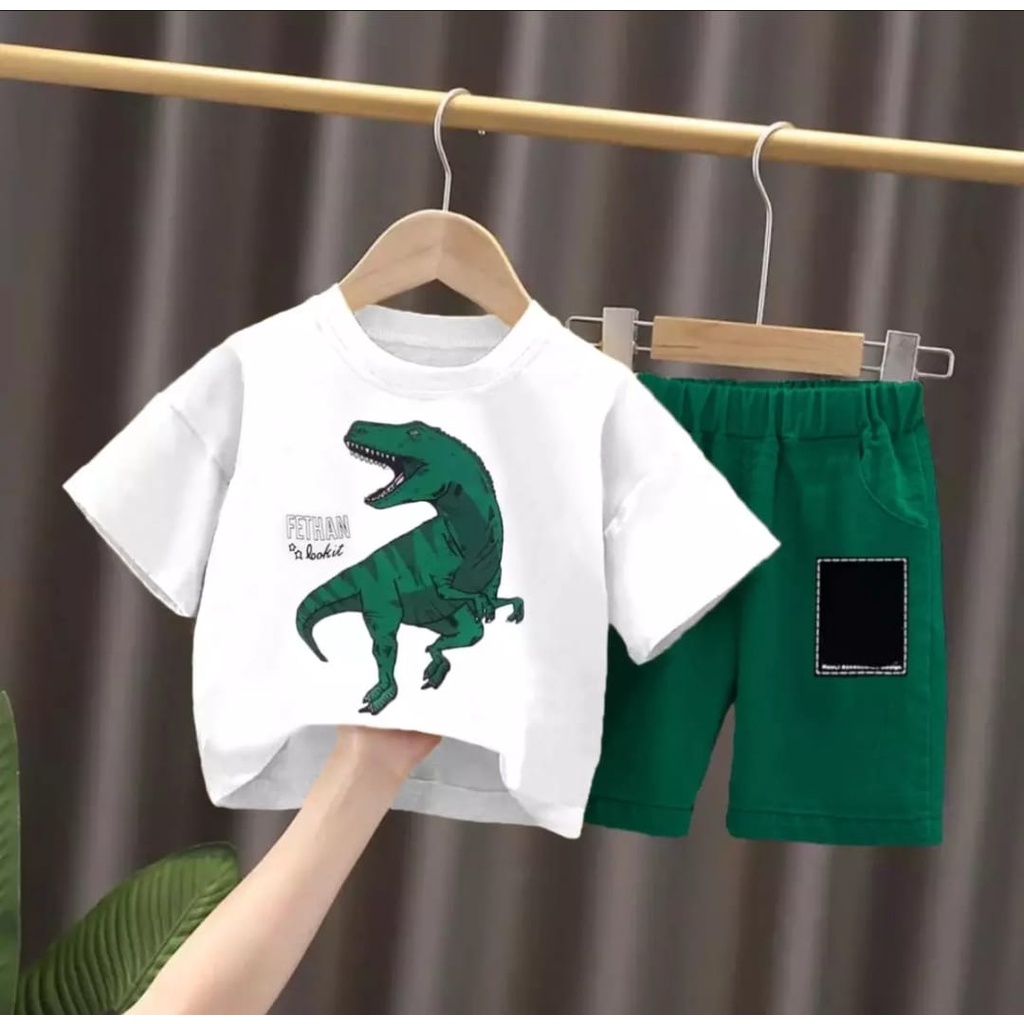 SETELAN BAJU BAYI ANAK MOTIF DINO T-REX USIA 1=5 TAHUN BAHAN KATUN PREMIUM LEMBUT TRENDY (UNISEX) TERBARU TERMURAH/ SETELAN BAJU BAYI ANAK LAKI-LAKI/ SETELAN BAJU BAYI ANAK PEREMPUAN/ SETELAN BAJU BAYI ANAK COWOK/ SETELAN BAJU BAYI ANAK CEWEK