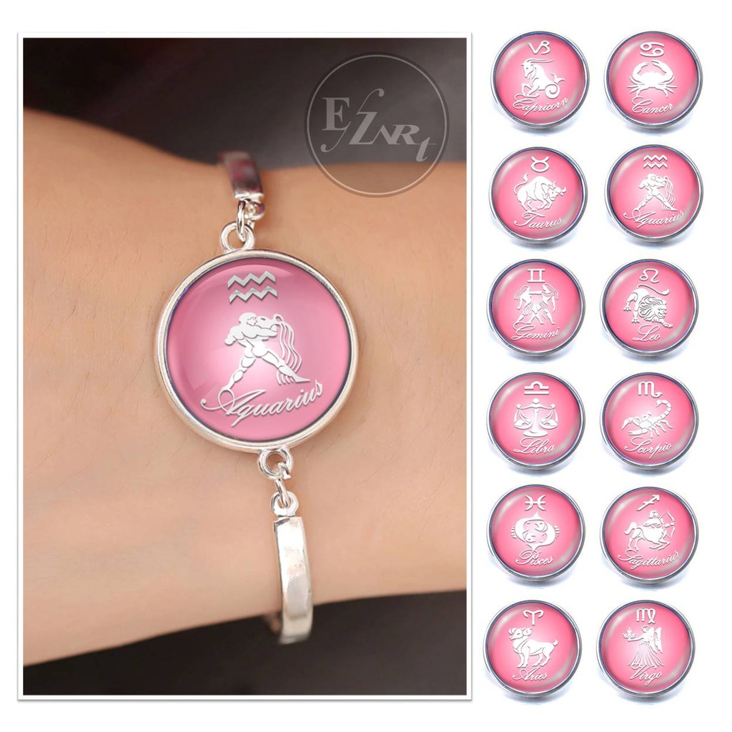 TERBARU! TEMA PINK GELANG ZODIAK BANGLE KONSTELASI 12 ZODIAC HOROSCOPE STAINLESS STEEL UNTUK WANITA