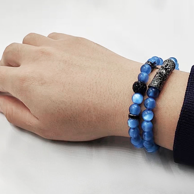 Perhiasan Gelang Tangan Pria Hias Manik Batu Mata Harimau Biru Frosted Mikro-Paved Zircon Casual