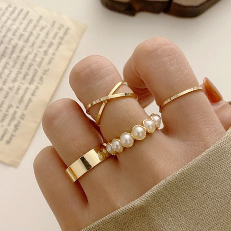 4pcs/set Fashion Vintage Hias Mutiara Cincin Set Wanita Perhiasan Pesta Harian Jari Perhiasan Aksesoris