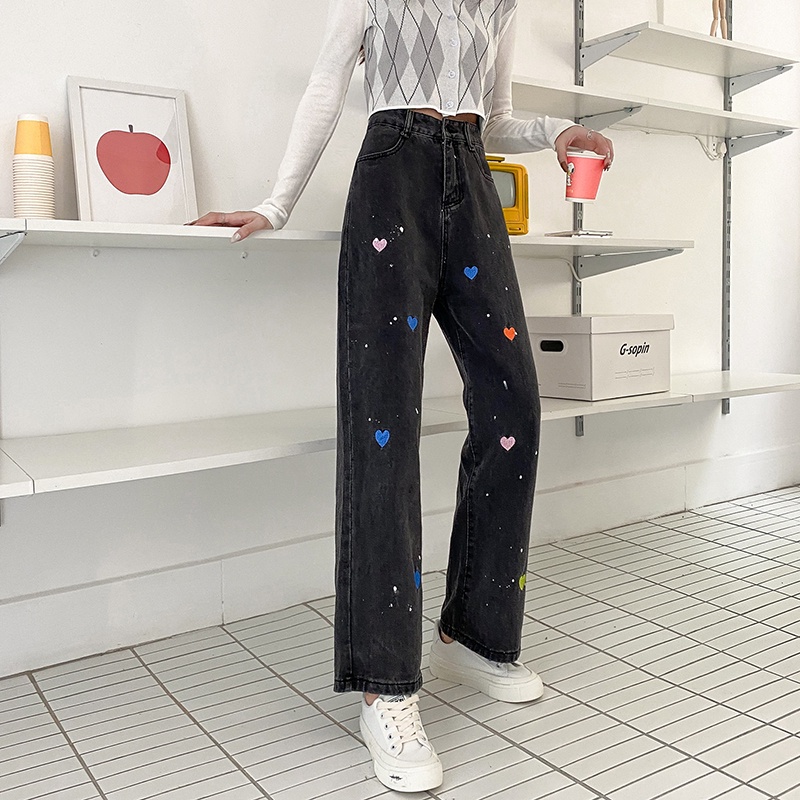 celana jeans wanita highwaist heart embroidery boyfriend longgar straight panjang kaki lebar lurus pants