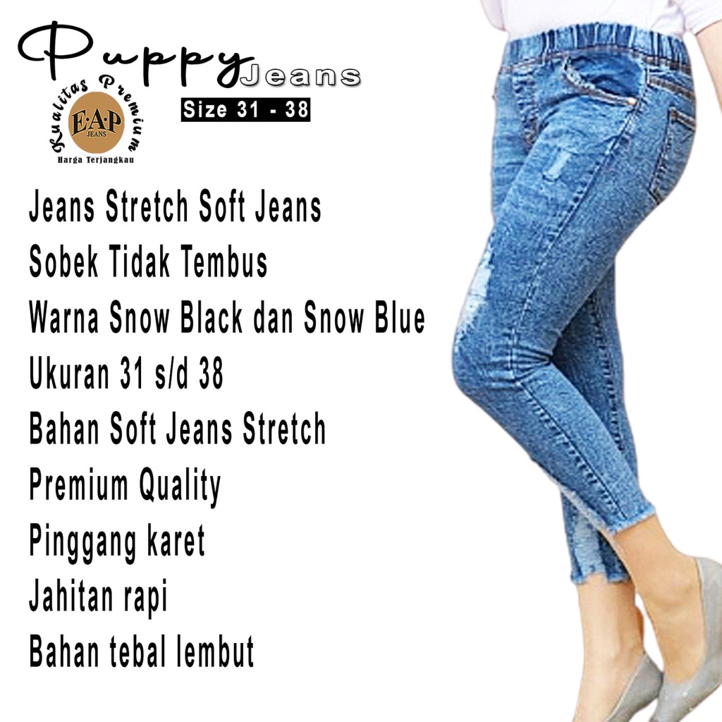 Celana Jeans Wanita Pinggang Karet PUPPY Sobek Tidak Tembus Kekinian 2021