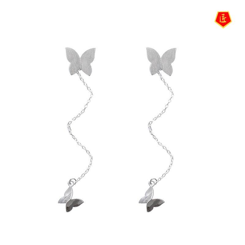 [Ready Stock]Women's 925 Silver Earrings Double Butterfly Long Temperament