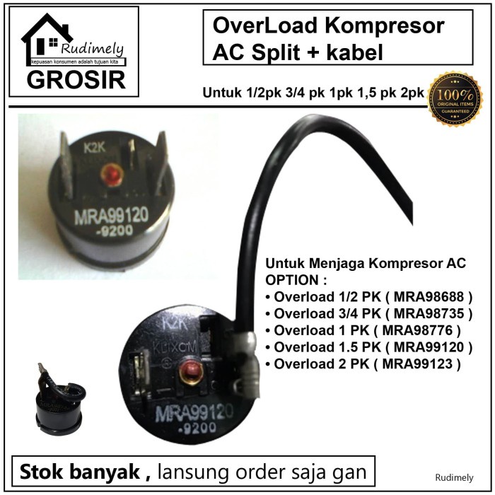 OverLoad Kompresor AC Split + kabel UNTUK 1/2PK,3/4PK,1PK,11/2PK, 2PK