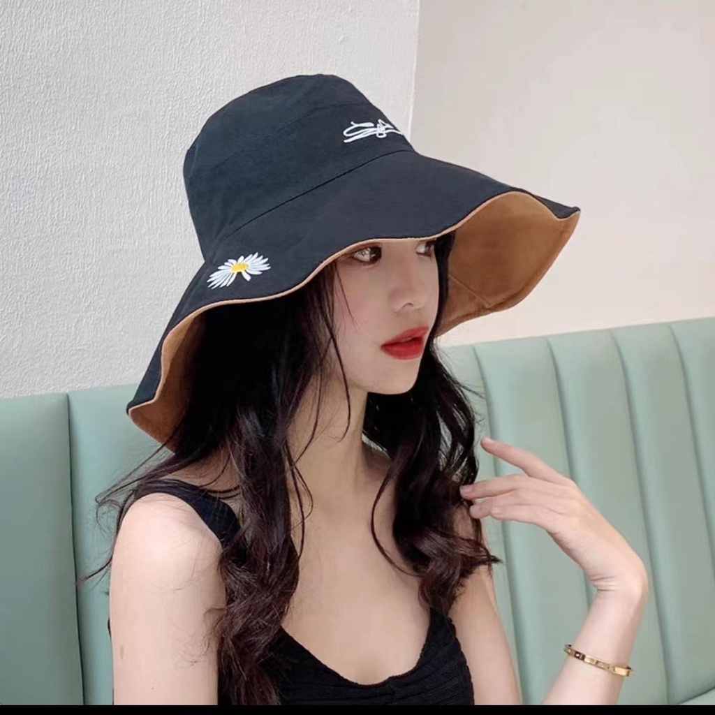 (Hello Girl)MZ17 Topi Wanita Bucket Topi Pantai Bunga Daisy 2 Warna Luar/Dalam Import