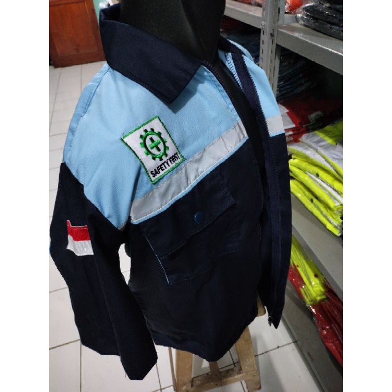 BAJU SAFETY RESLETING LENGAN PENDEK BIRU MUDA KOMBINASI DONGKER FREE LOGO K3 BENDERA KAIN PREMIUM