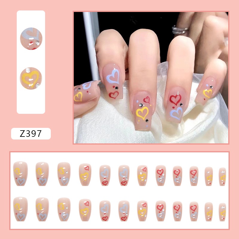 Z351-397 24pcs / Kotak Kuku Palsu Full Cover Hias Berlian Imitasi Untuk Nail Art