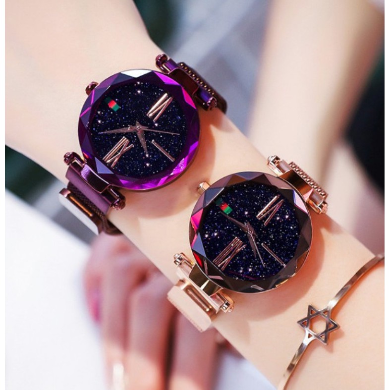 Jam Tangan Wanita Magnet Mesh Strap Quartz Starry Night Sky Stainless Steel Analog Women Watches