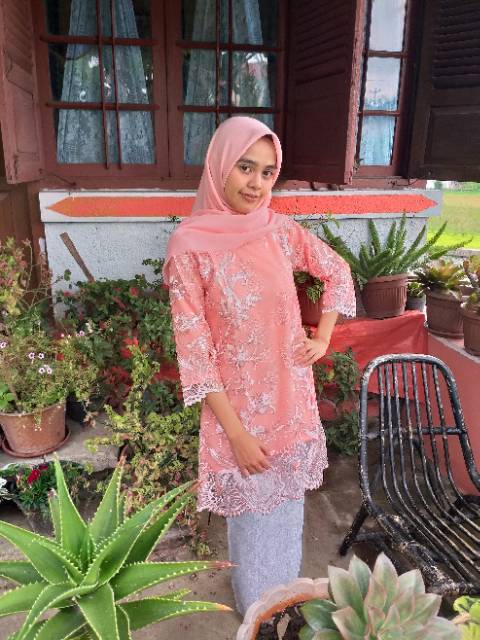 Baju kurung tulle bordir 3D peach