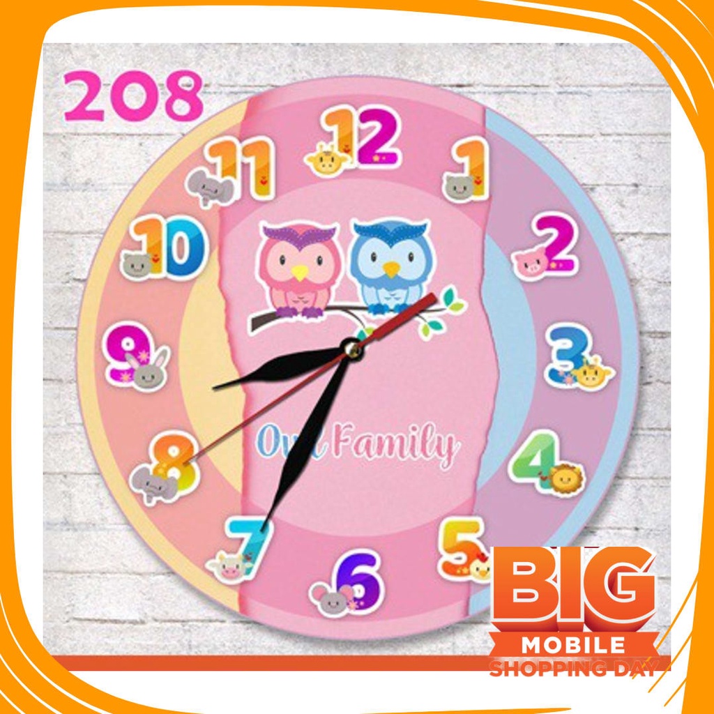 JAm Cewe Pink Bue Sky Gold Silver rubber Anti karat Air / 208 JAM DINDING UNIK MOTIF BURUNG HANTU HI