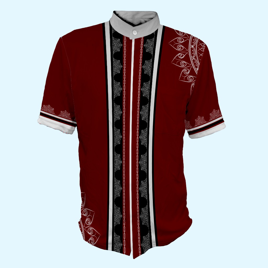 Baju Muslim Koko Jersey Pria Lengan Pendek Panjang Merah Maroon Dark Color Series KDC-01 Fullprint