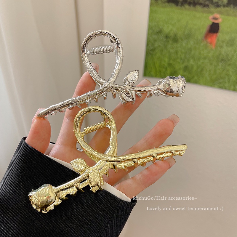 Jepit Rambut Bentuk Hiu Mawar Bahan Logam Ukuran Besar Untuk Wanita