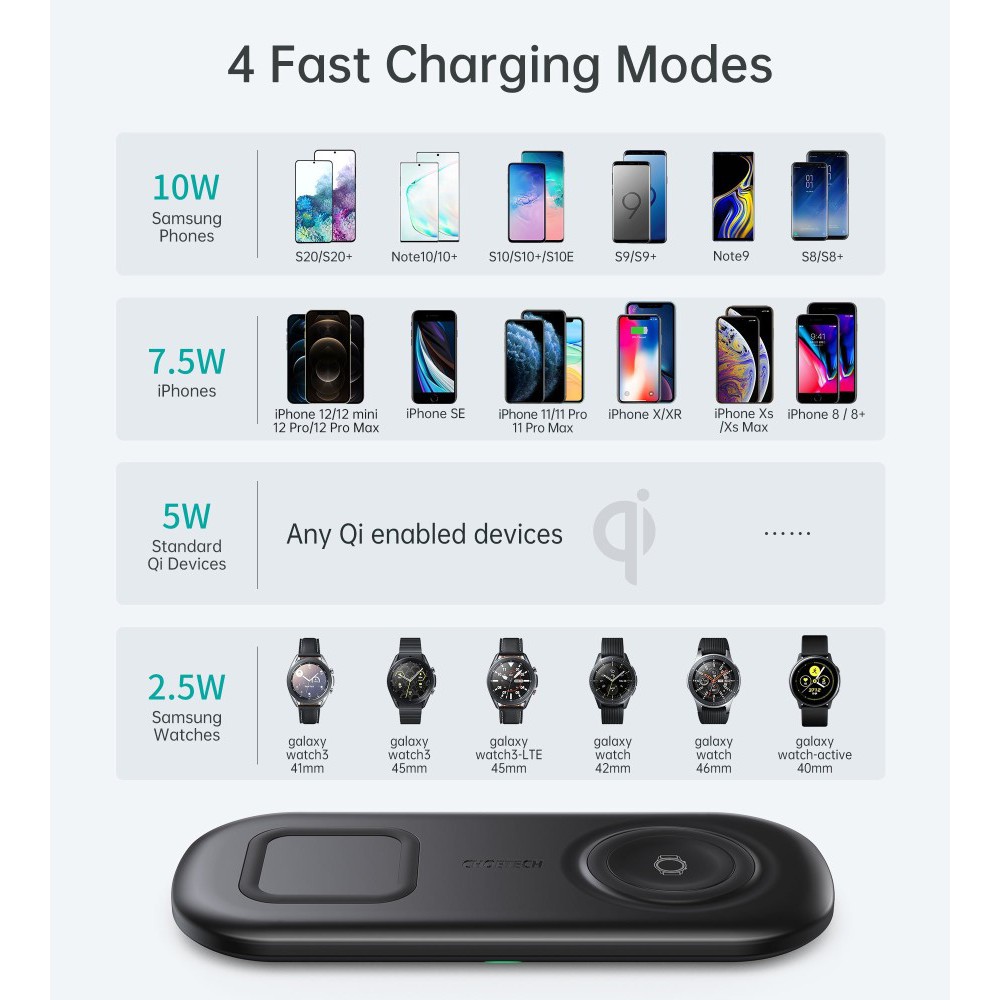 Wireless charger choetech 2in1 Type-c 10w 2Afor Hp-galaxy Watch fast charging Qi-enabled T570-S 2a