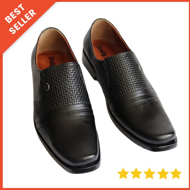 Sepatu Pria formal pantofel kerja kulit asli model slip on  Grutty Sage  Hitam