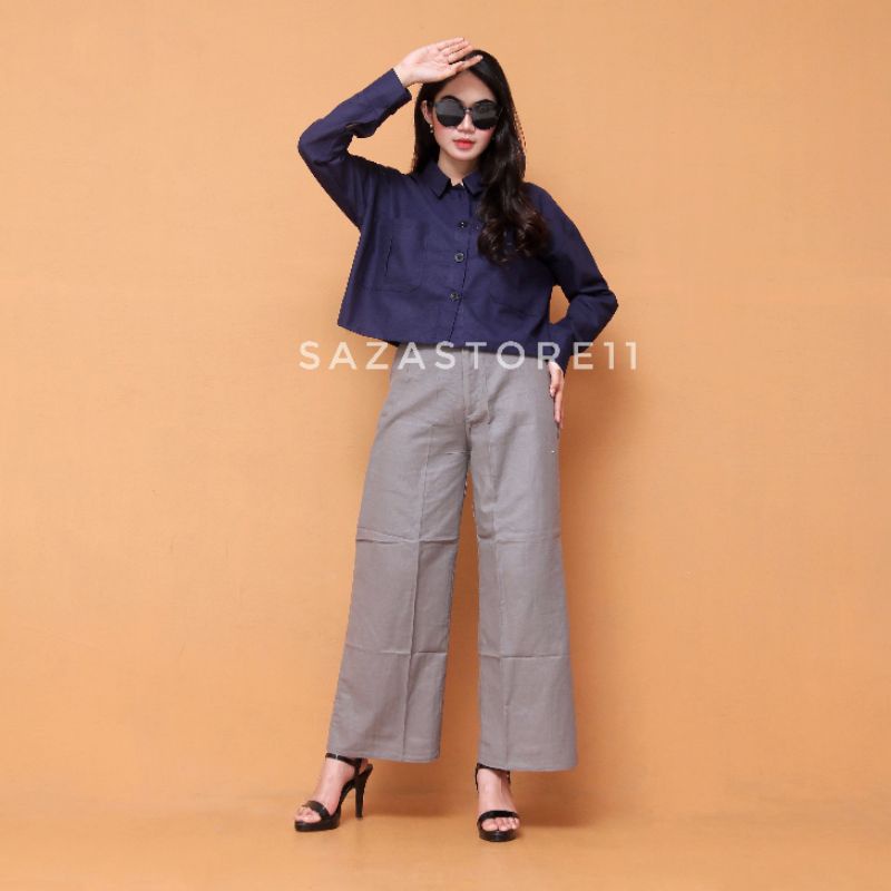 Kemeja Crop Linen Pocket - Oversized Shirt Linen - Outer Crop Linen - Atasan Wanita 991