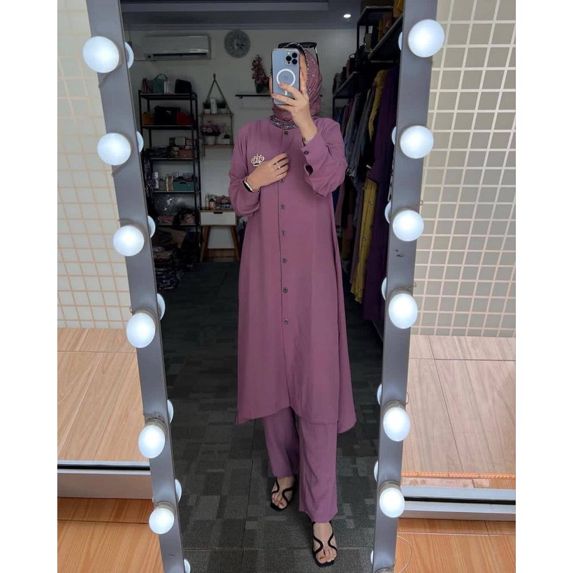 Once Set Tunik - One Set Wanita Kekinian Rayon Setelan Wanita Tunik Kancing Celana Panjang LD 110 cm