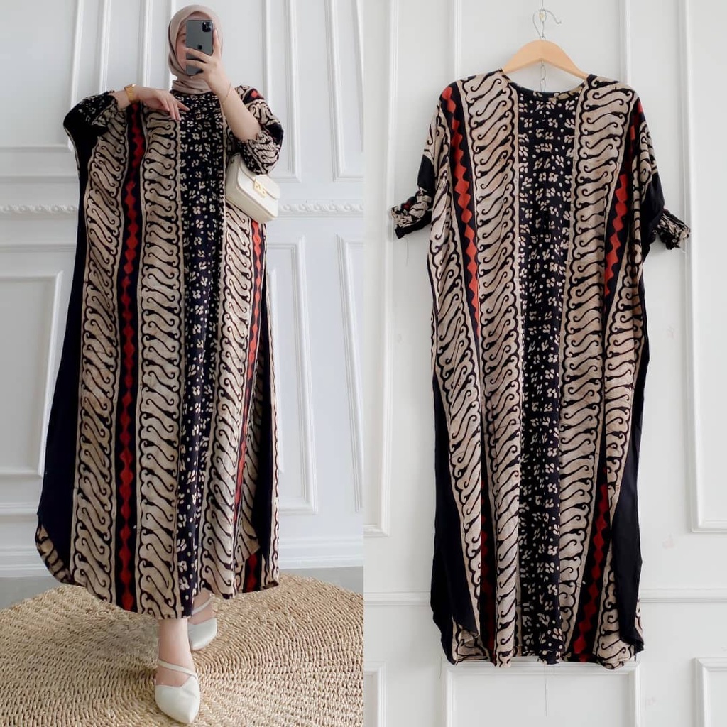 Batik A W - Mbayu Kaftan Batik Cap Encim Sogan Malaman Size Jumbo Busui Lengan 7/8 Kaftan Wanita / Kaftan Kondangan