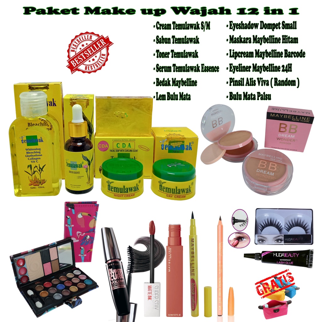 [ PROMO PAKET HEMAT ] SKINCARE DAN MAKEUP / Paket Cream Temulawak S/M Sabun Toner Serum Temulawak Essence+Eyeshadow Small+Bedak Maybelline Pink+Maskara Hitam+Lipcream Barcode+Eyeliner 24h+Bulu Mata+Lem Bulu Mata+ Pinsil AlisViva FREE TAS POUCH