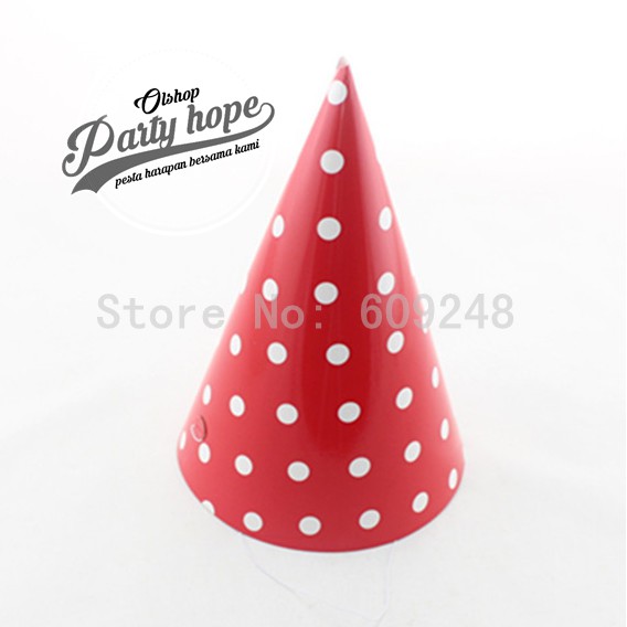 Topi kerucut polkadot merah / topi ultah polkadot / topi ulang tahun