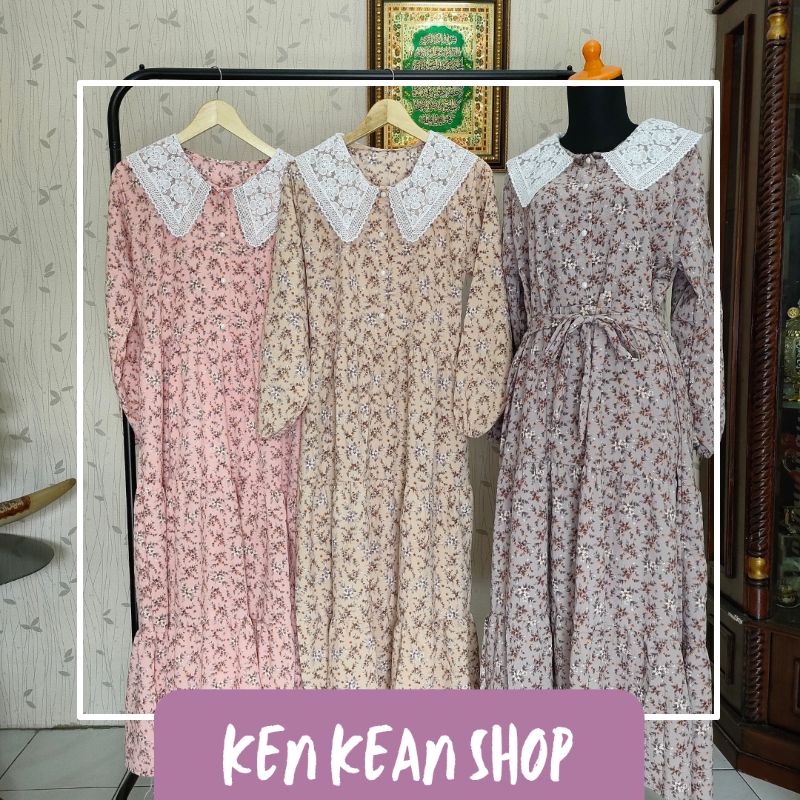 Gamis Bunga Korea by Ixora Renda Kerah Dress Homedress Crinkle Premium Import Busui Wudhu Friendly