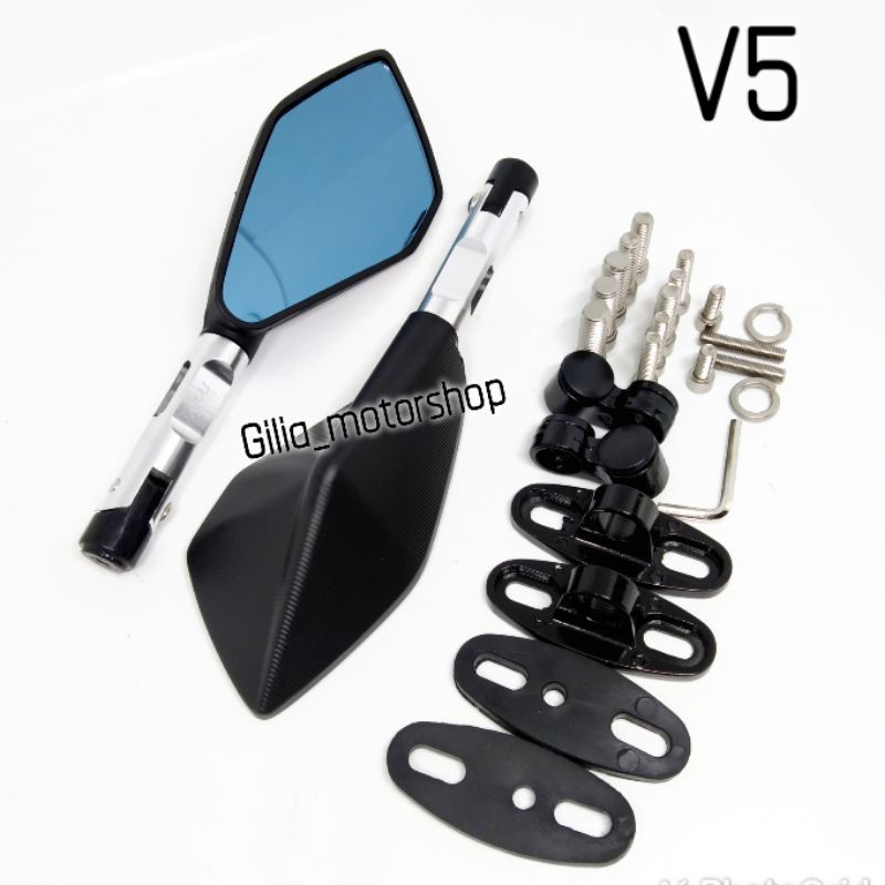 Spion Tomok V5 Kaca besar CNC Mirror Biru Universal Motor