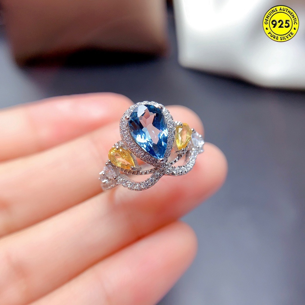 Cincin Open Ring Desain Mahkota Hias Batu Topaz Biru Natural Untuk Wanita