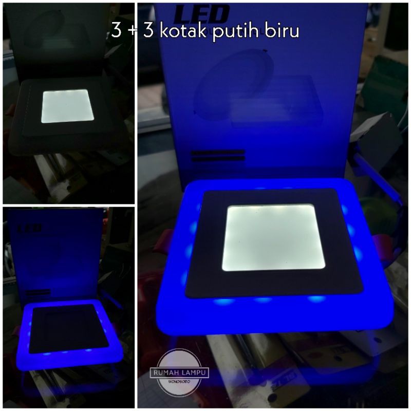Lampu downlight panel 2 warna 3+3 kotak putih biru