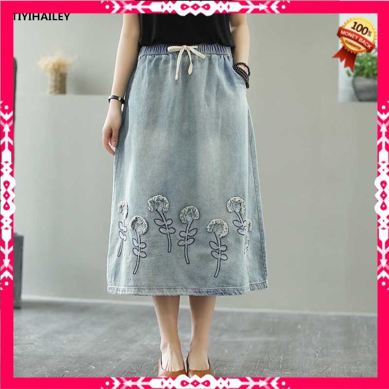 Rok Denim Panjang Import Cotton Denim Long Mid-calf Skirts For Women Summer Elastic Waist A-line Emb