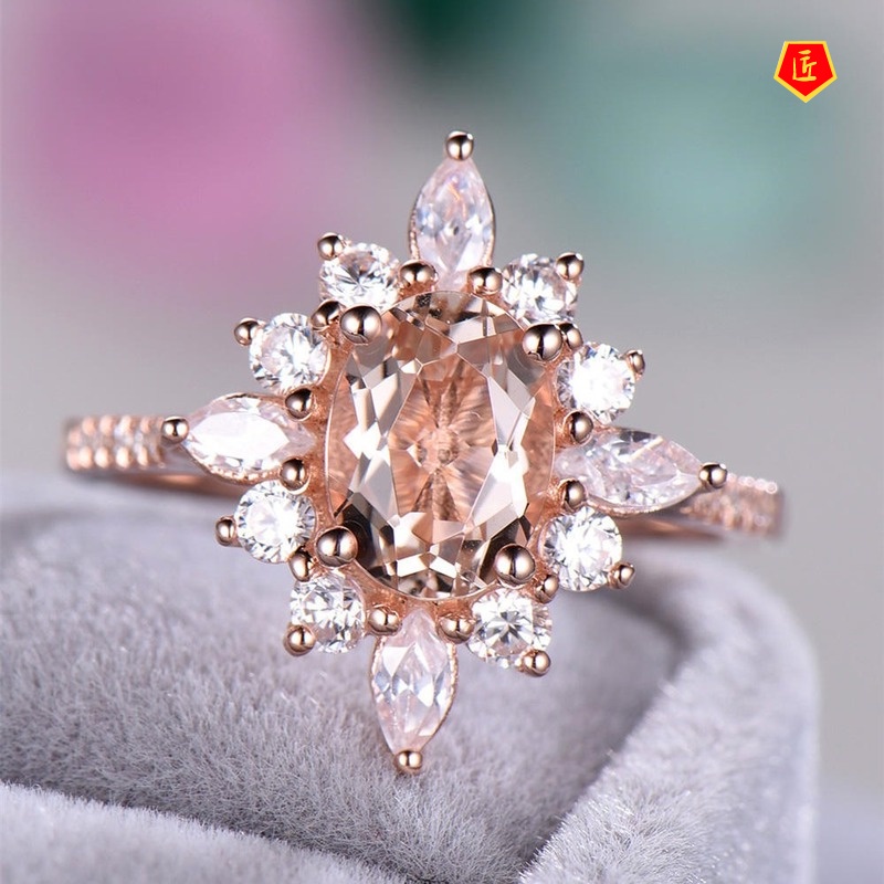 [Ready Stock]Fashion Elegant Champagne Diamond-Studded Ring Creative 18K Rose Gold