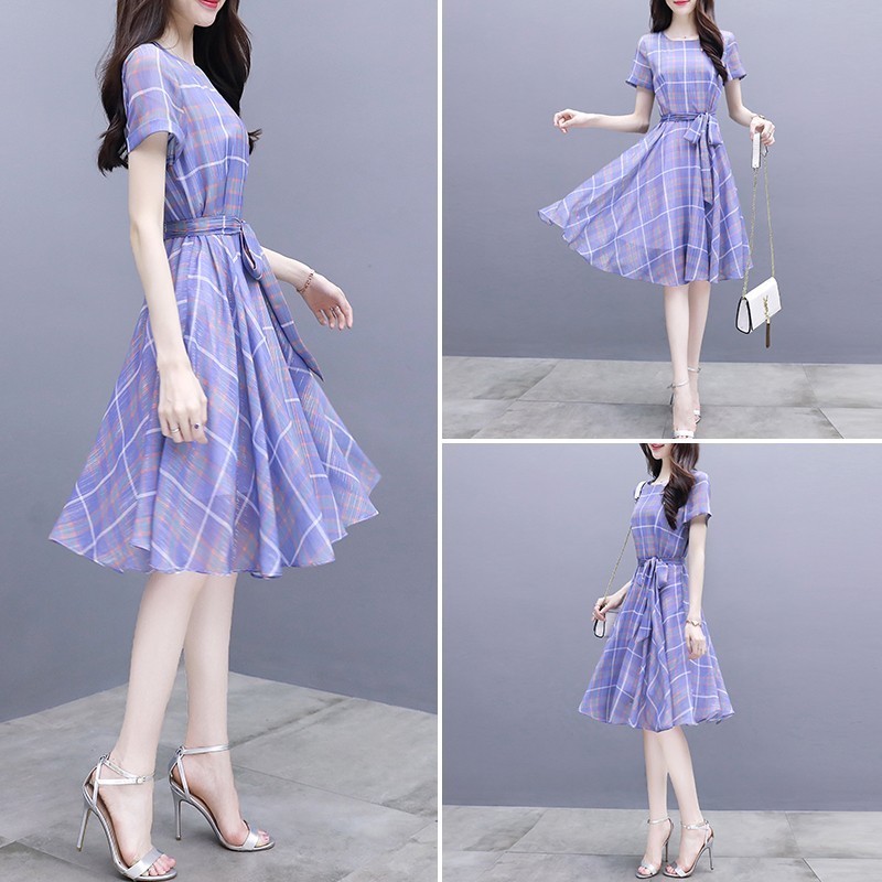 Dress Midi Gaya Korea Elegan Motif Kotak-kotak Bahan Sifon untuk Wanita