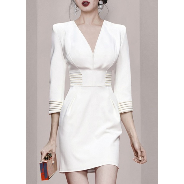 V-neck belted white dress slim evening dress