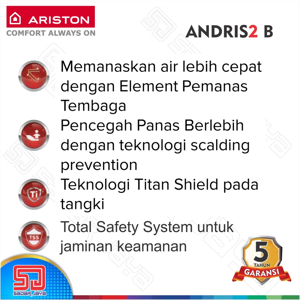 Ariston Andris 2 AN2 B 30 liter 350 watt Water Heater Pemanas Air Hangat Mandi