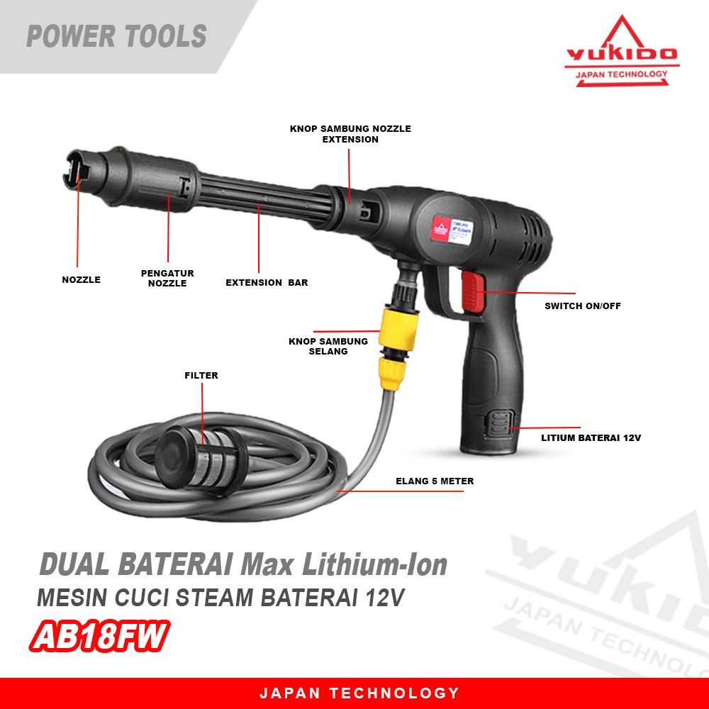 TURUN HARGA!! JET CLEANER CORDLESS - MESIN CUCI MOBIL / MOTOR BATERAI - YUKIDO JET CLEANER CORDLESS 18V DUA BATERAI - AB18FW - STEAM CORDLESS