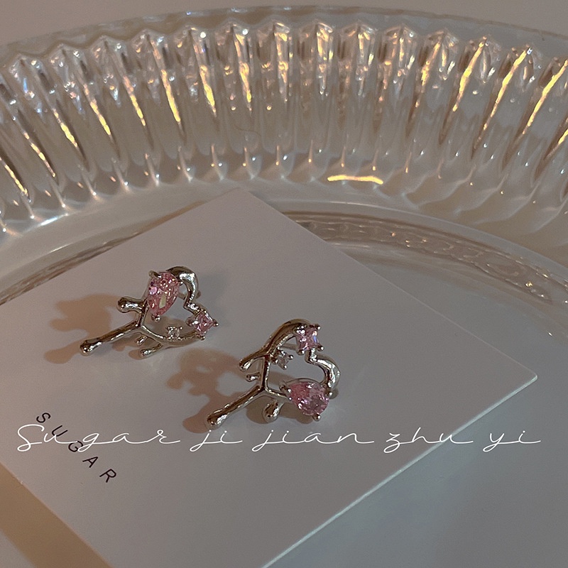 Anting Stud Kristal Bentuk Hati Warna Pink Untuk Wanita