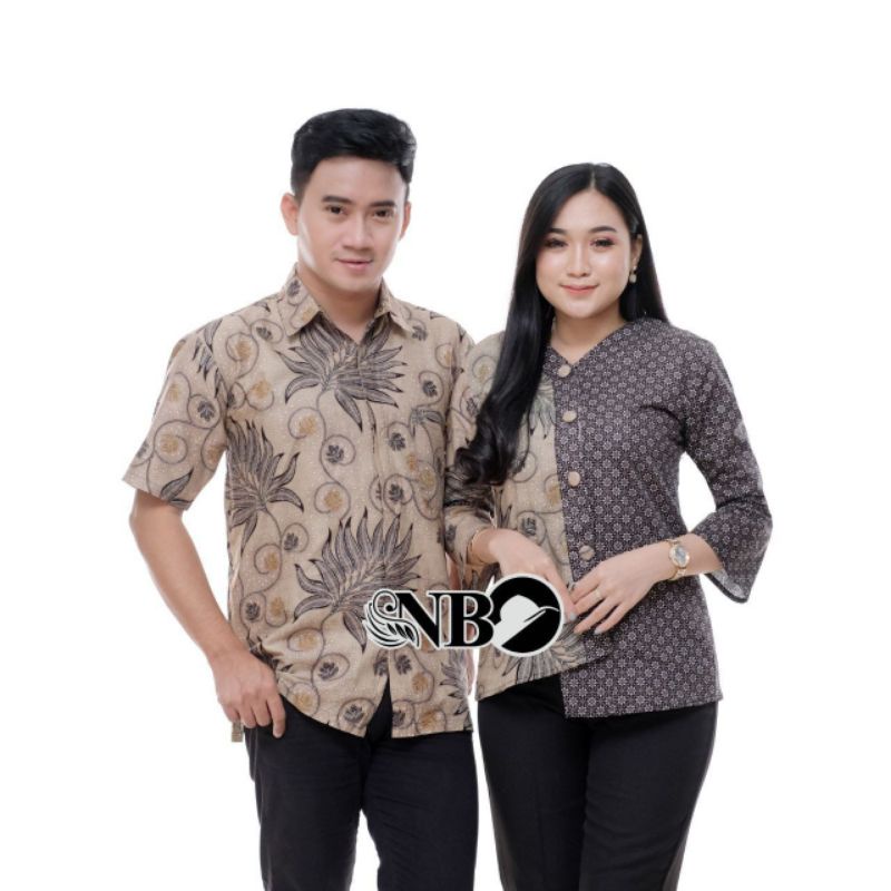 Atasan Baju Batik Couple Pasangan Pria Wanita Seragam Kerja Kantor Modern ASJ SA HRB026 Kenongo Kemeja Tosca Pendek Kekinian