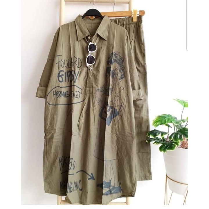 Setelan Jumbo One Set Wanita Atasan Tunik Katun Paris Sablon Celana Polos Nike Set Baju Musllim
