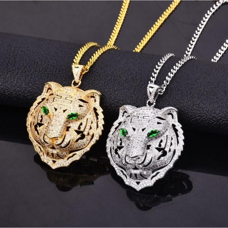 Kalung Liontin Wajah Harimau Tiga Warna Gaya Hip-Hop Untuk Pria