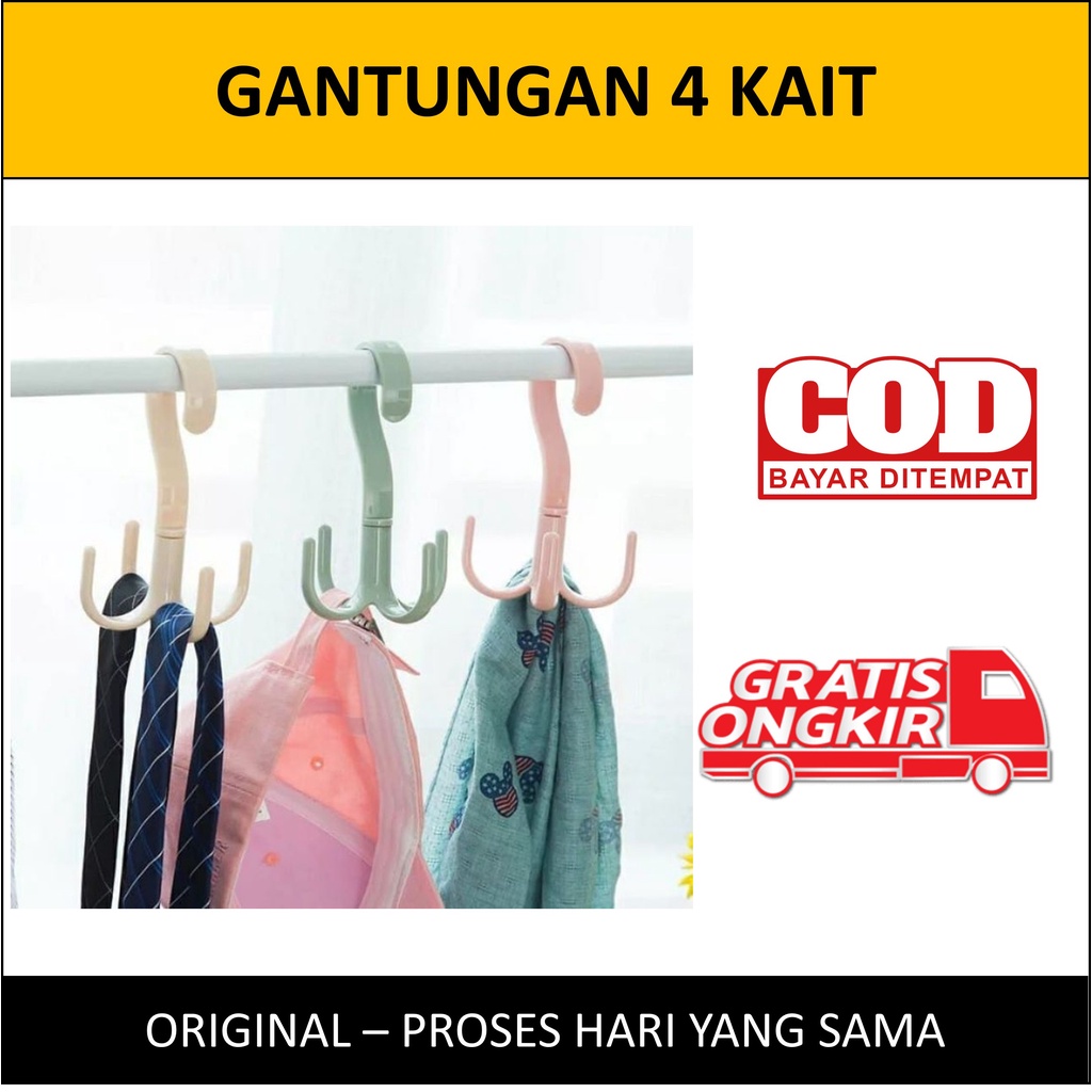 Gantungan 4 Kait Serbaguna Bisa Putar 360 Derajat Gantungan Tas Baju Hanger Lemari Pakaian Sepatu