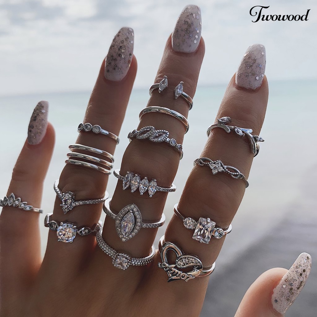 15pcs / Set Cincin Jari Stackable Aksen Berlian Imitasi Gaya Bohemian Untuk Wanita