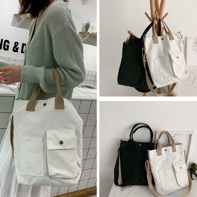 TC-16 tas canvas tote bag wanita import korea jepang simple polos putih hitam