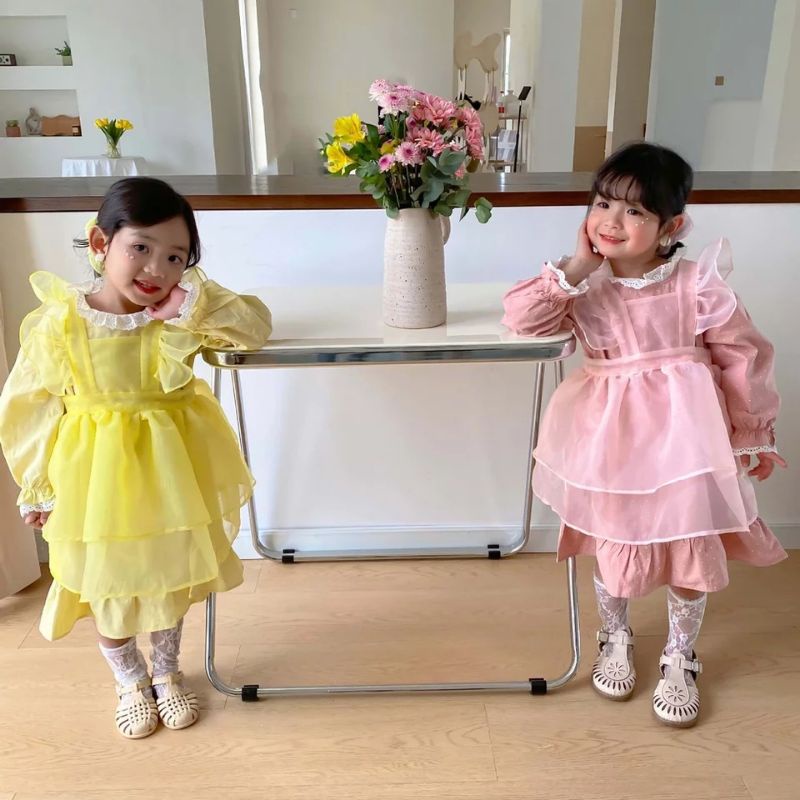 Gaun Putri Organza Lucu Musim Semi Musim Panas Anak-anak Gaun Rompi Jala Kerutan Bayi Perempuan Gaun