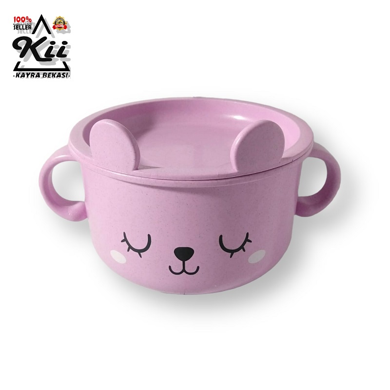 Wheat Straw Mangkok Mug Karakter Plastik + Penutup - Mangkok Cangkir