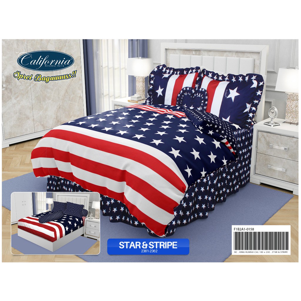 bedcover set 180x200 motif bendera amerika | USA sprei rumbai | flat | karet | fitted | by my love o