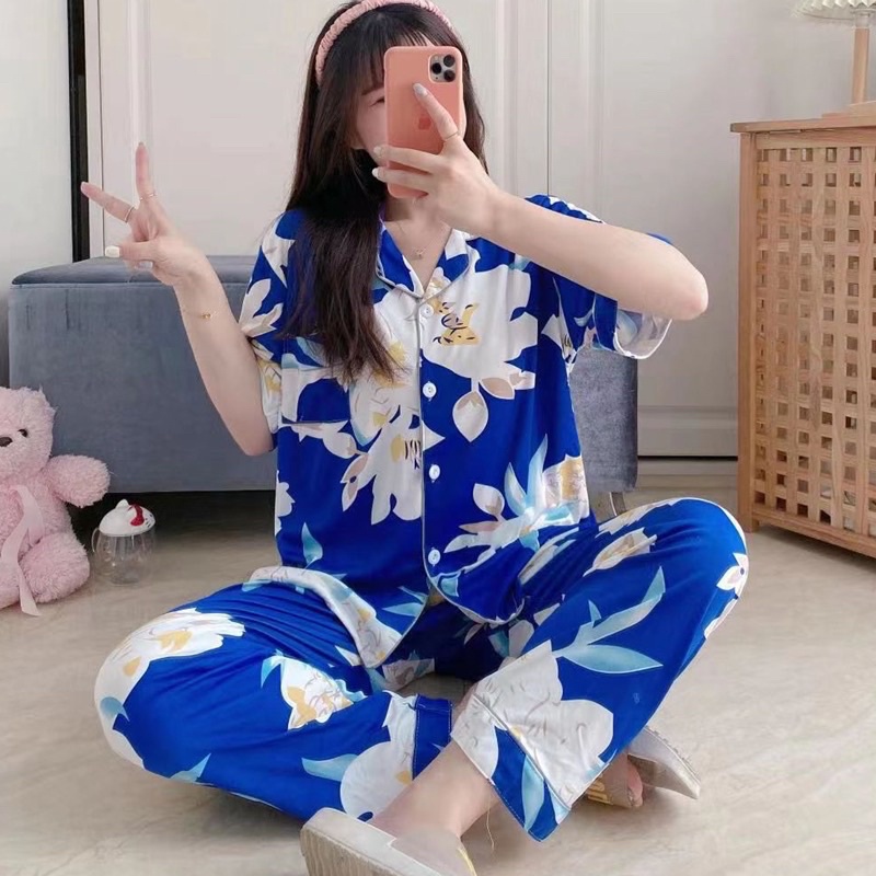 JC- PIYAMA SET Import CP / Piyama wanita Import terbaru / Piyama Import Korean Style-Blue Big Flow CP