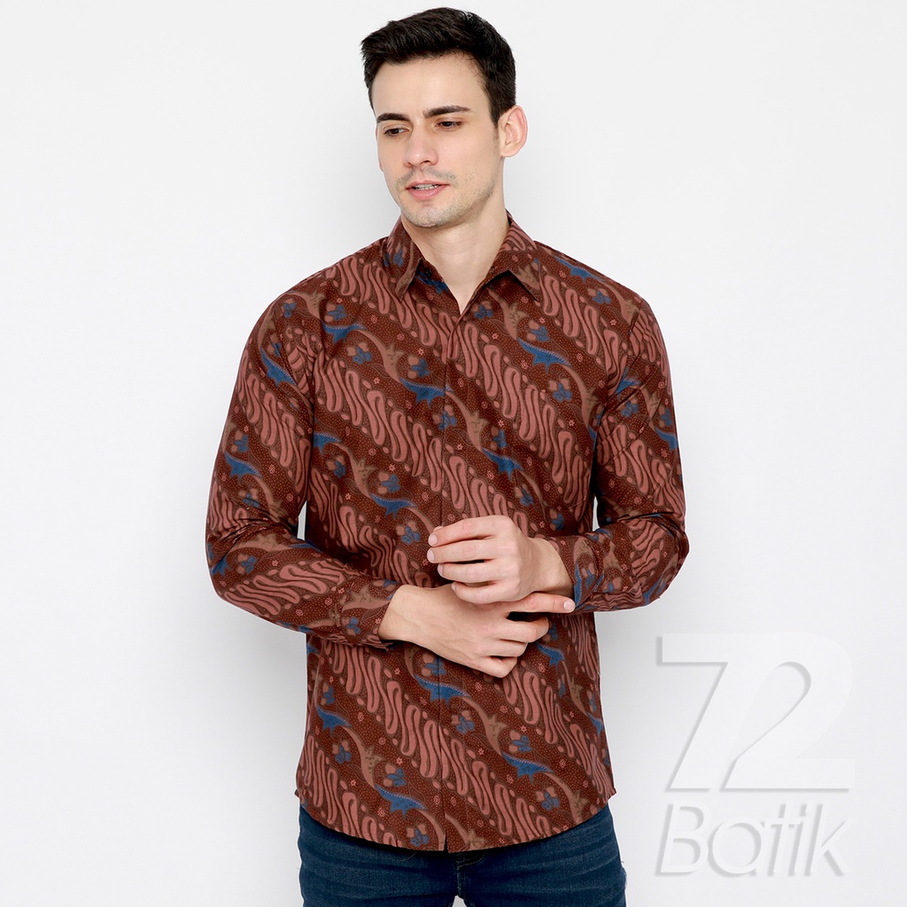 KEMEJA BATIK PRIA Slimfit Slim Fit Lengan Panjang Premium Warna Coklat Cokelat Biru 721090 Cap 72 - Baju Kemeja Atasan Pakaian Setelan Batik Pria Cowok Laki Laki Remaja Keluarga Kantor Lengan Panjang Modern Slimfit Slim Fit Premium Kekinian